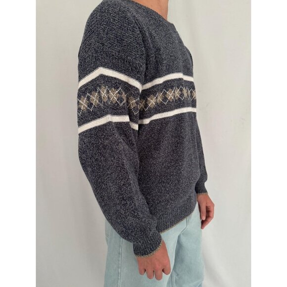 90s vintage mens blue grey grandpa argyle print casual long sleeved knit sweater - Picture 6 of 10
